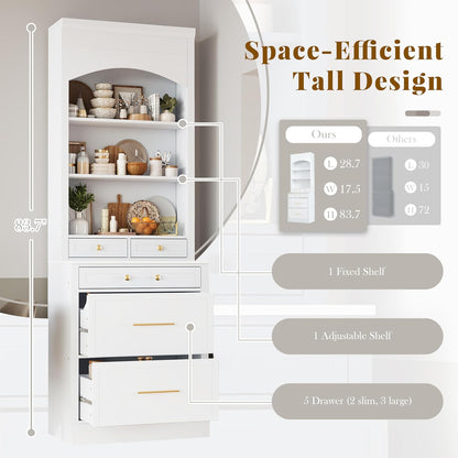 83.7" Tall Kitchen Pantry Cabinet, Freestanding Kitchen Hutch with Faux Marble Top, Pantry Storage Cabinet with 5 Drawers & Adjustable Shelf, Modern Farmhouse Cupboard for Dining Room, White