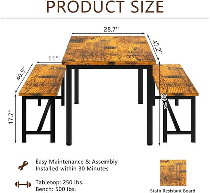 Lamerge Kitchen Table Set with 2 Benches 4 Person Dining Room Table Set for Home Kitchen, Dining Room, Restaurant, Space Saving, 47.2inch Table and 41.3inch Bench, Industrial Brown,CZ-01