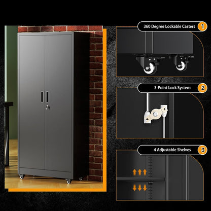 Greenvelly 73" Metal Garage Storage Cabinet with Wheels, Black Lockable Metal Cabinet with 2 Doors and 4 Adjustable Shelves, Rolling Steel Tool Organization for Garage, Home, Office, School