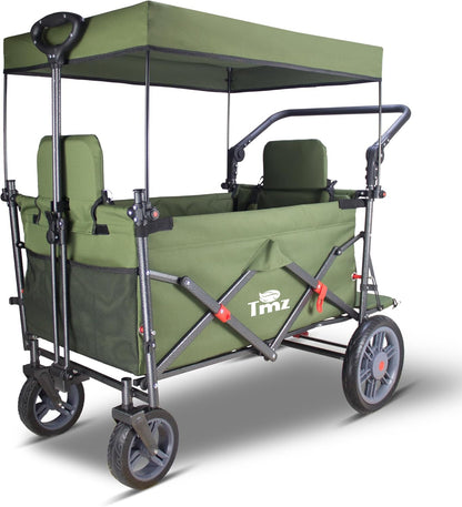 TMZ Collapsible Foldable Wagon Cart with Quick-Release Wheels and 2 Seats, Heavy Duty Wagon 265LBS Load Capacity for Camping Garden Shopping (Green)
