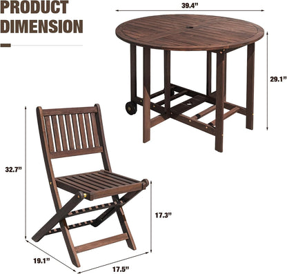 Devoko 5 PCS Patio Furniture, Patio Dining Set Acacia Wood Outdoor Table and Chairs, with 4 Folding Chairs and 37" Round Movable Table, Outdoor Dining Set for Lawn, Balcony, Garden (Deep Brown)