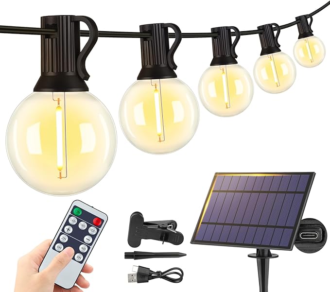 25FT Solar String Lights Outdoor with Remote, Waterproof Dimmable 3 Modes Patio Lights with 10+1 LED Shatterproof G40 Bulbs for Backyard-Black