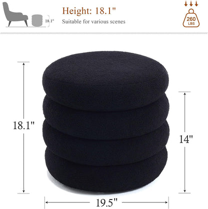 19.5 Inch Round Storage Ottoman, Modern Sherpa Ottoman Coffee Table with Removable Top, Black Vanity Stool with Storage for Bedroom, Living Room, Dorm, Set of 2