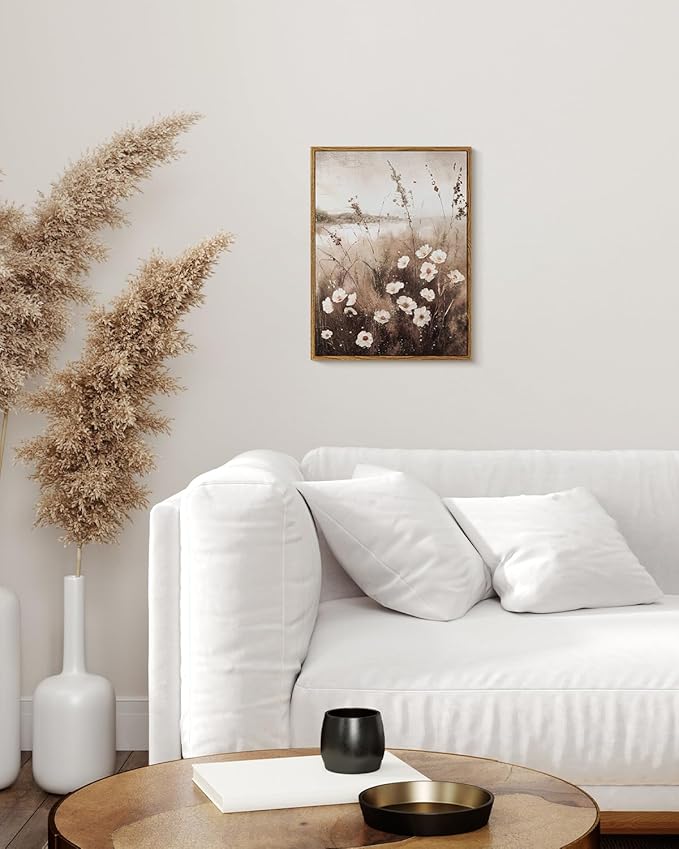 InSimSea Framed Wall Art for Living Room Landscape Canvas Wall Decor Meadow with Flowers Vintage Paintings Classical Wildflower Field Scene Boho Floral Pictures Decor for Bathroom Bedroom 12x16in
