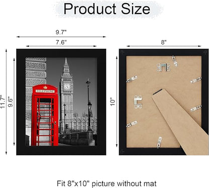 8x10 Picture Frame Set of 4, High Definition Glass Black Picture Frame, 8 x 10 Wood Rustic Photo Frames for Horizontal or Vertical Table Top and Wall Mounting