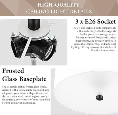3-Light Semi Flush Mount Ceiling Light Fixture, 13" Black Drum Light, Modern Close to Ceiling Light with White Fabric Shade Lamps for Bedroom Living Dining Room Kitchen Hallway Entryway