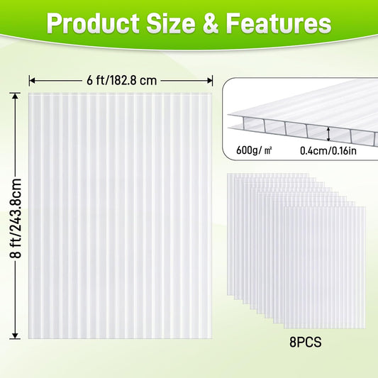 8 Pack 8' X 6' X 0.16'' Polycarbonate Greenhouse Panels, Waterproof UV Protected Clear Polycarbonate Sheets Twin-Wall Roof Panels, Corrugated Plastic Roofing Panels for Greenhouse Replacement
