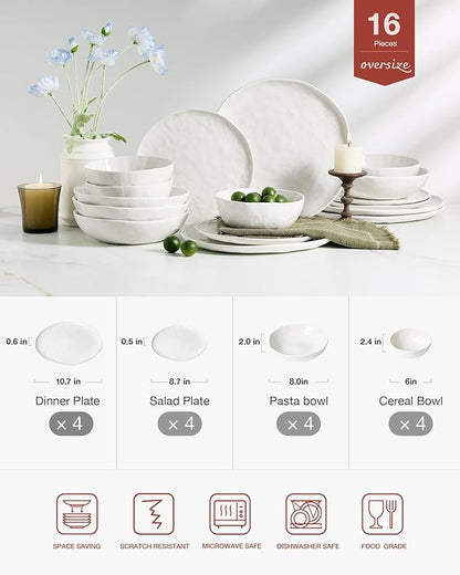 Famiware Porcelain kitchen plates and bowls set, Modern dishes set for 4, Handmade Wave Edge Dinnerware Sets, Microwave and Dishwasher Safe Tableware, Polar White (16pc)