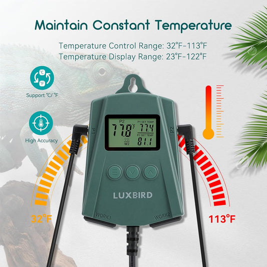 Luxbird Reptile Heating Pad 8x12 Inch with Dual Output Reptile Thermostat LB-2SC Combo Set Under Tank Terrarium Heating Mat for Turtles, Lizards, Frogs, and Other Reptiles