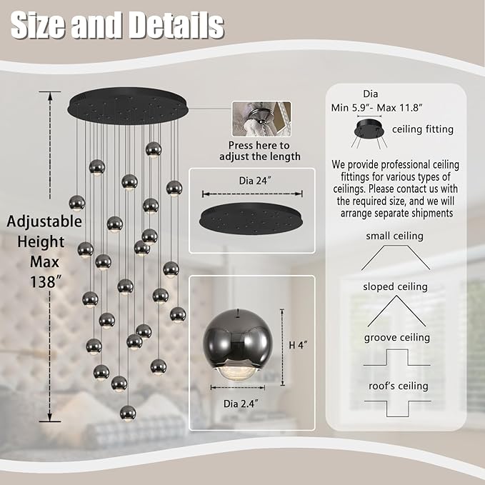 Farmhouse Crystal Chandelier, Luxury Hanging Lights High Ceiling Pendant Lighting for Foyer Staircase 24 Lights Black Chandelier Dimmable 2700k-6000k