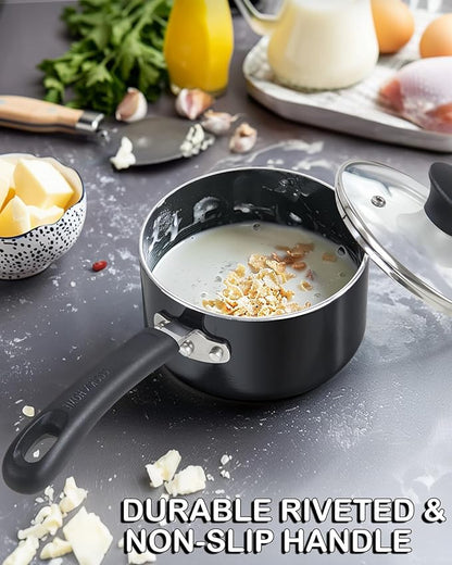Cook N Home Nonstick Sauce Pan with Glass Lid 2-Qt, Multi-purpose Pot Saucepan Kitchenware, Black, Aluminum