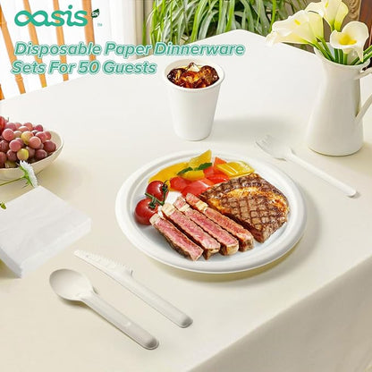 350PCS Disposable Paper Dinnerware Set for 50 Guests, Compostable 50 Dessert Plates, 50 9 inch Plates, 50 Cups, 50 Spoons, 50 Forks, 50 Knives and 50 Napkins, Perfect for Parties(White)