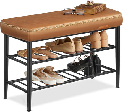 VASAGLE EKHO Collection - Shoe Rack Bench, Storage Bench for Entryway, Synthetic Leather with Stitching, Mid-Century Modern, Loads 300 lb, 11.8 x 31.5 x 19.7 Inches, Caramel Brown ULSB054K01