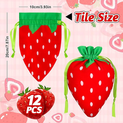 Whaline 12Pcs Strawberry Shaped Treat Bags Red Green Strawberry Drawstring Bags Cute Fruit-Themed Gift Pouches for Item Storage Jewelry Packaging