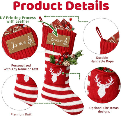 DPDP Personalized Christmas Stockings – Custom Christmas Stockings with Names, 18" Large Family Knit Stocking with Leather Nameplate, Customized Xmas Decorations for Fireplace, Gifts for Kids 1 Pack