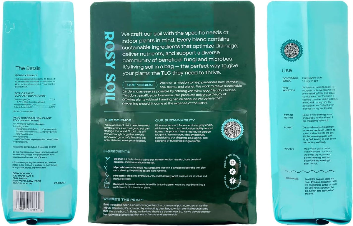 Rosy Soil Indoor Potting Soil for House Plants, 2 x 8 qrt - Organic Potting Soil Mix for Indoor Plants -Enriched w/Root-Boosting Biochar for Foliage Plants, Flowers, Herbs - Pack of 2