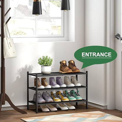 3-Tier Black Bamboo Shoe Rack for Entryway, Stackable | Foldable | Natural, Shoe Organizer for Hallway Closet, Free Standing Shoe Racks for Indoor Outdoor