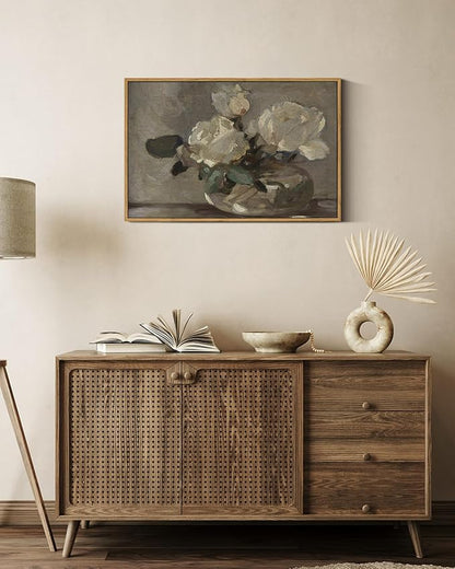 InSimSea Vintage Flower Canvas Wall Art Framed Wall Decorations, Mid Century Modern Wall Decor, Botanical Wall Art for Farmhouse Kitchen Office Bathroom Decor 16X24 Inch, Blumenstillleben