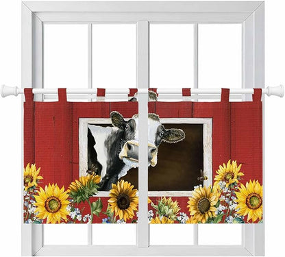 Cows Sunflowers Kitchen Curtains 24 Inch Length, Small Window Curtains Tab Top, Spring Botanical Floral Bees Red Barn Light Filtering Short Window Treatments Tier Drapes 27.5"x24" 2 Panel