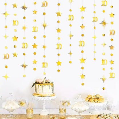 Gold 10th Birthday Decorations Number 10 Circle Dot Twinkle Star Garland Metallic Hanging Streamer Banner Backdrop for Girls Boys Double Digits Ten Year Old Birthday 10th Anniversary Party Supplies