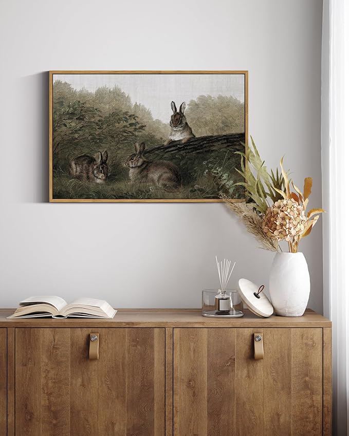 InSimSea Framed Wall Art for Living Room Canvas Print Animal Decor Three Rabbits Vintage Aesthetic Room Decor Landscape Oil Painting Farmhouse Wall Picture for Bedroom Bathroom Office 16x24in