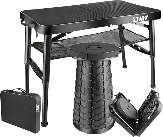 Folding Table and Stool, Small, Black, 4 Foot Outdoor Portable Table, Adjustable Height, Camping, Picnic, RV Table, 55lbs Load-Bearing, Lightweight