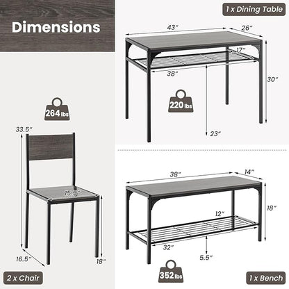 Tangkula Dining Table Set for 4, Kitchen Table and 2 Chairs for 4 with Bench, Additonal Storage Rack, 4 Piece Dining Table Set for Small Space, Apartment