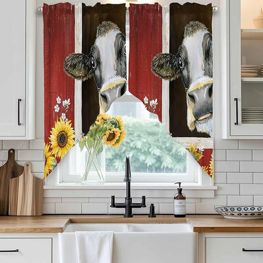 Cows Sunflowers Swag Valances for Windows, Rustic Farms Barns Flowers Bees Animals Rod Pocket Kitchen Curtains Valance, Small Window Curtains Swag for Cafe Bathroom Living Room, 2 Panels, 36x36 inch