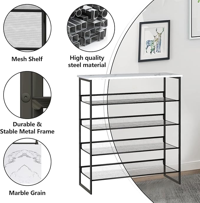 Garden 4 you 5 Tiers Shoe Rack,Multi-Purpose Adjustable Flat and Slant White Marble Freestanding Organizer Storage Rack Shoe Shelf, High Heels Potted Plant for Entryway Hallway Living Room Closet