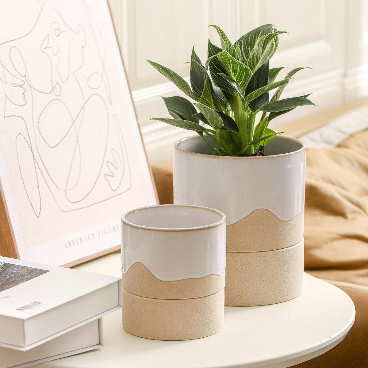 Nihow Self Watering Plant Pot: 4.5 Inch Ceramic Planter with Drainage Hole & Water Storage Plus for Indoor & Outdoor Plants - Cylinder Flower Pot for Herbs/Violets - White & Nature