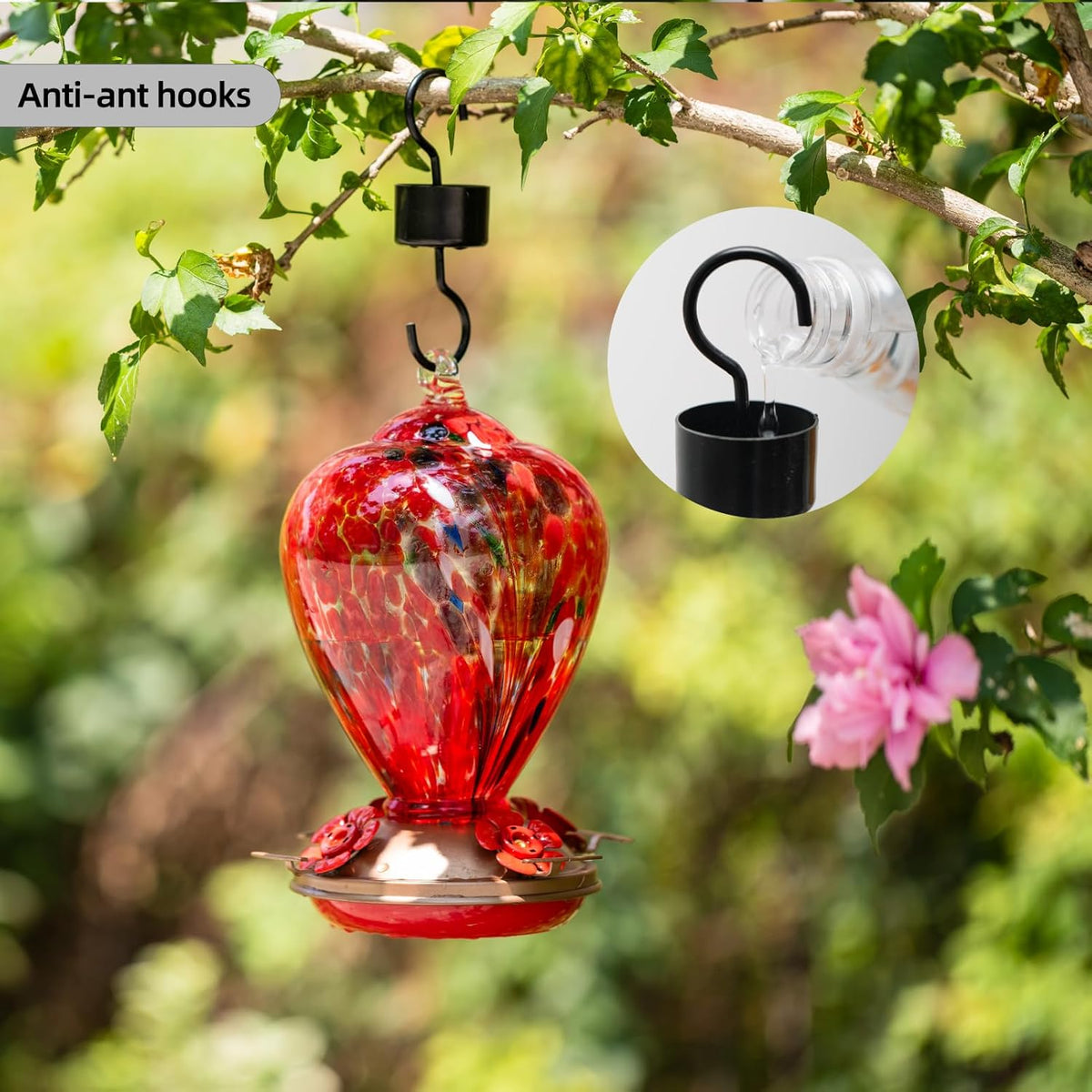Gifts for Mom 34OZ Hand Blown Glass Hummingbird Feeders for Outdoors Hanging, with Ant Moat Humming Bird Feeders, Porch Backyard Decor Gifts for Women (Floral Balloon)