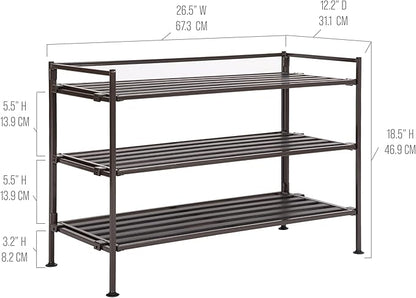 Seville Classics Sturdy Freestanding Storage Shelf for Bedroom, Closet, Entryway, Dorm Room Organizer, Stackable Durable Metal Shoe Rack, Espresso Slat, 3-Tier (2-Pack)