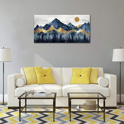 Abstract Nordic Canvas Wall Art - Indigo Blue and Brown Mountain Forest Picture Wall Decor Sun Birds Canvas Painting Nature Landscape Prints Artwork for Living Room Bedroom Decoration 20" x 40"