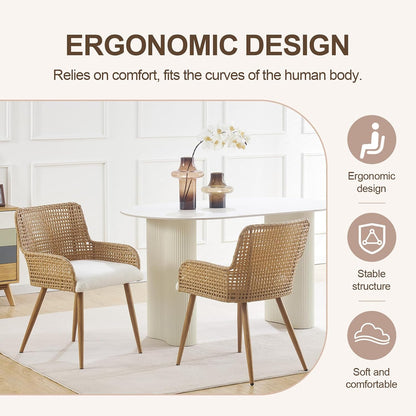 Rattan Dining Chairs Set of 4,Farmhouse PE Rattan Kitchen Chair with Upholstered Cushion and Metal Legs for Home,Kitchen,Brown