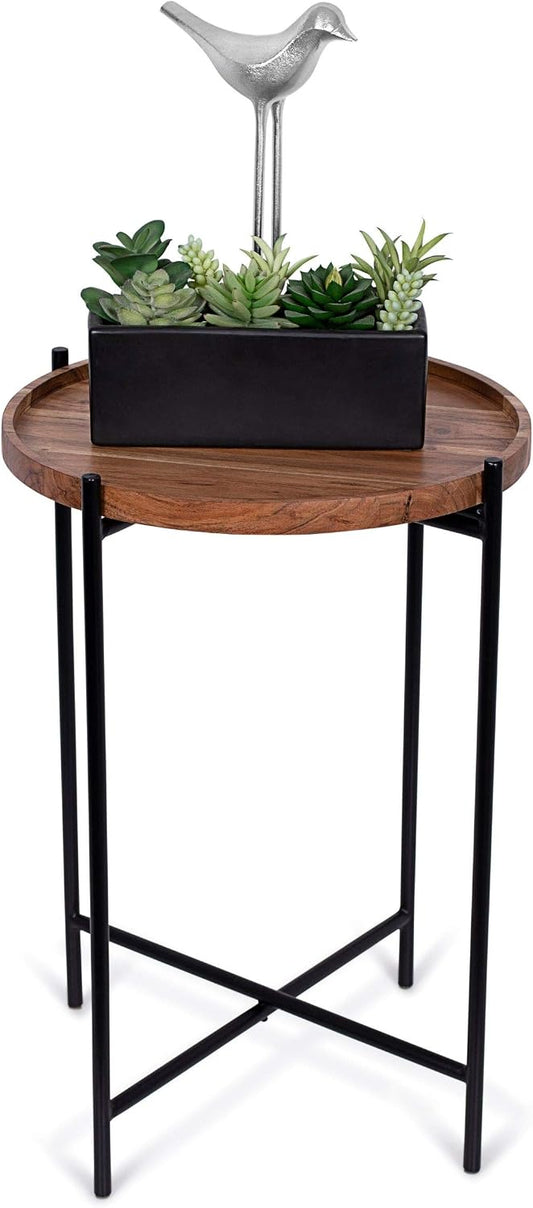 BIRDROCK HOME Folding Side Table with Removable Wood Tray - Modern Accent, Foldable End Table for Living Room, Bedroom - Portable Serving Tray for Decoration, Coffee, Drinks & Food - Natural Acacia