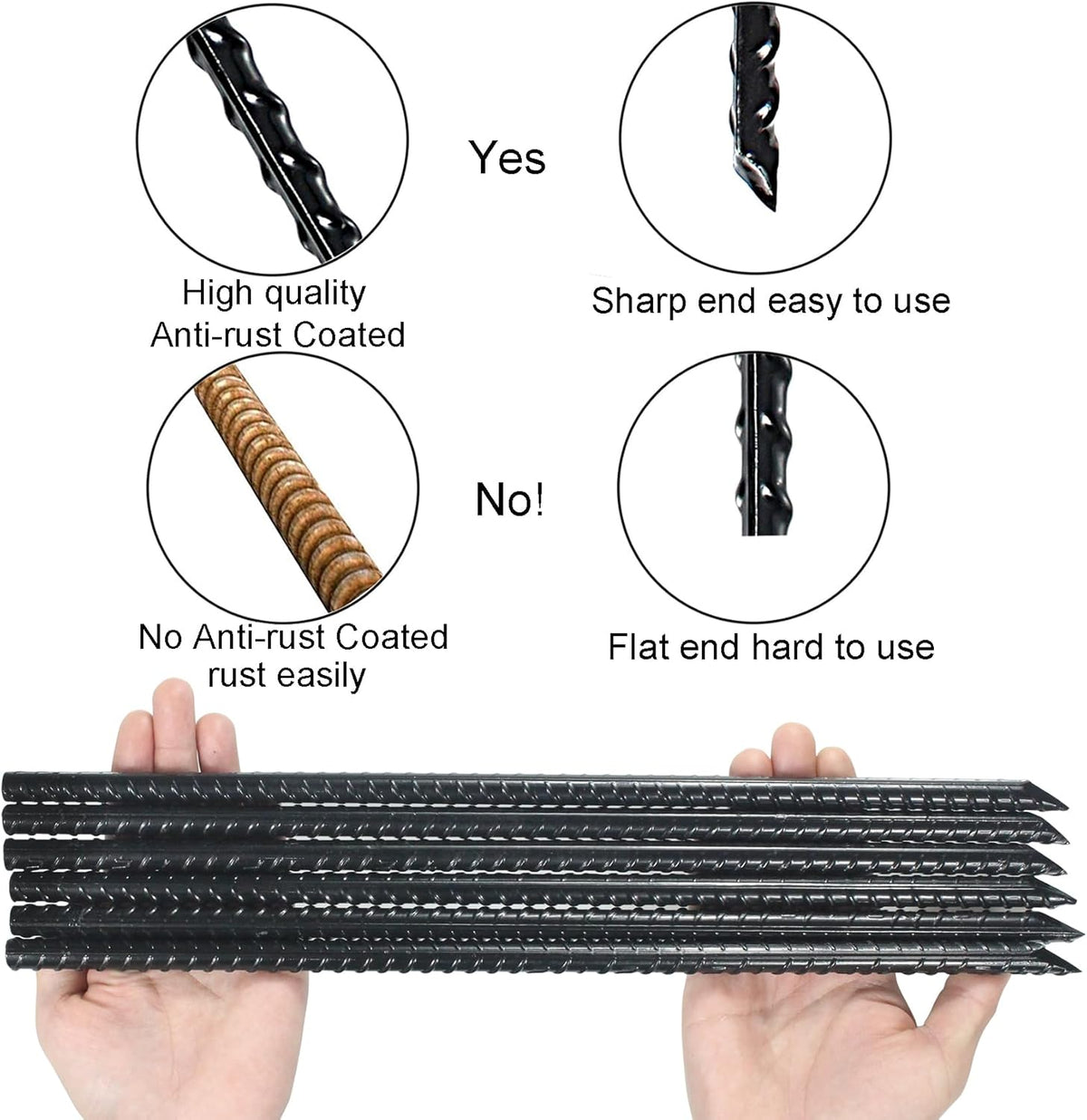 16 Inch Ground Rebar Stakes Heavy Duty Steel Ground Anchors for Outdoor, Straight Metal Stakes with Chisel Point end, Black Powder Coated (16)