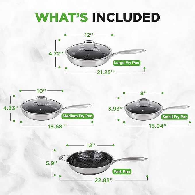 NutriChef 7-Piece Tri-Ply Stainless Steel Frying Pan Set & Wok – Nonstick, Induction Compatible, Oven Safe, Scratch-Resistant, Dishwasher Safe