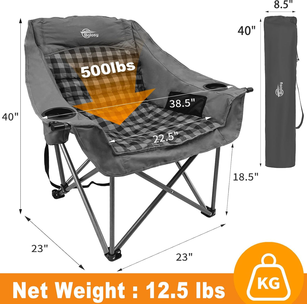 Bolosy Oversized Camping Chairs for Adults Heavy Duty Padded Portable Lawn Chairs Outdoor Folding Chairs XL Camp Chairs with Cup Holder Suproot 500 lbs, Gray Plaid