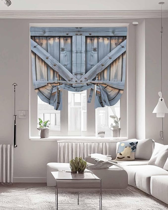 Tie Up Curtains for Windows, Farmhouse Wood Grain Adjustable Balloon Nature Linen Textured Kitchen Curtain, Vintage Country Barn Gate Textured Room Darkening Curtains for Glass Door, 42 x 45 In