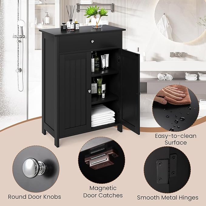 Giantex Storage Cabinet, Freestanding Bathroom Cabinet with 2 Doors, 1 Drawer, 3-Level Adjustable Shelf, Modern Wooden Storage Organizer for Laundry Room, Entryway, Living Room (Black)
