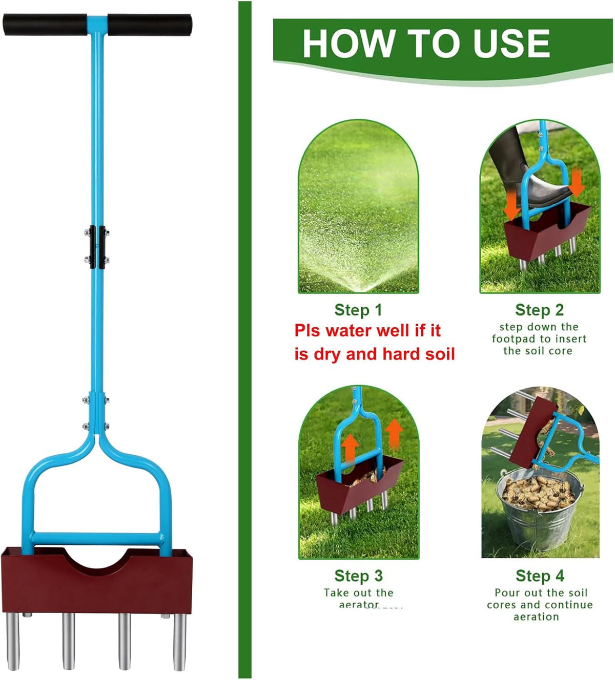 Sancat Lawn Aerator with Larger Soil Core Storage Tray, Heavy Duty 38” Coring Aerator,Manual Rolling Plug Aerator, Gardening Tools with 4 Stainless Tines for Lawn Care