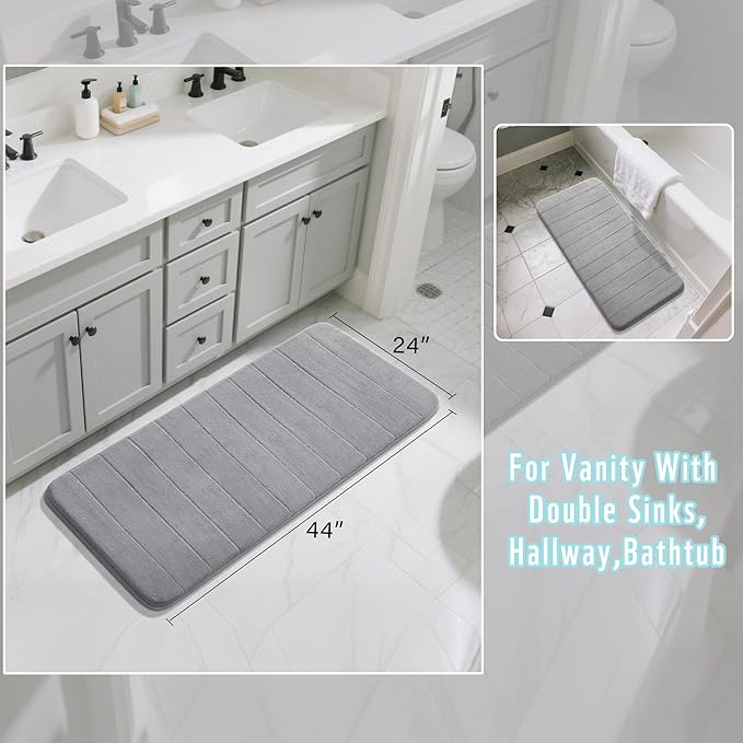 Yimobra Long Bath Mat 44"x24", Super Soft Quick Dry Memory Foam Bathroom Rug, Water Absorbent, Non Slip Backing Machine Washable for Tub Shower, Thick Comfort Support, Gray