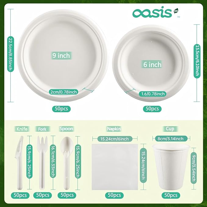 350PCS Disposable Paper Dinnerware Set for 50 Guests, Compostable 50 Dessert Plates, 50 9 inch Plates, 50 Cups, 50 Spoons, 50 Forks, 50 Knives and 50 Napkins, Perfect for Parties(White)