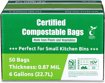 Primode Compostable Bags 6 Gallon Food Scraps Yard Waste Bags, 50 Count, Extra Thick 0.87 Mil. ASTMD6400 Compost Bags Small Kitchen Trash Bags, Certified By BPI And TÜV AUSTRIA