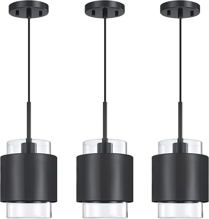 3 Pack 1 Light Hanging Kitchen Island Pendant Light 6" Drum Clear Glass Shade Indoor Pendant Ceiling Light Fixturess,Dark Gray Finish Modern Farmhouse Dinning Over Sink
