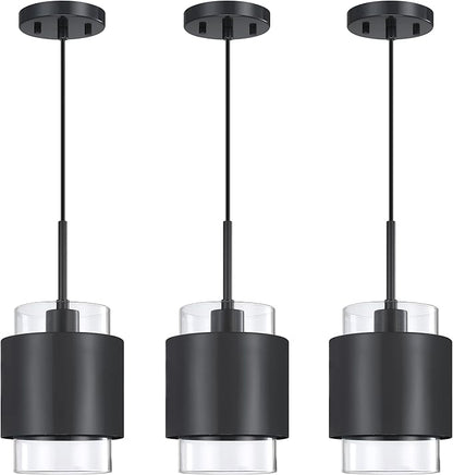 3 Pack 1 Light Hanging Kitchen Island Pendant Light 6" Drum Clear Glass Shade Indoor Pendant Ceiling Light Fixturess,Dark Gray Finish Modern Farmhouse Dinning Over Sink