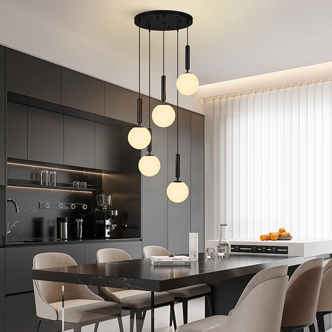 Modern Black Pendant Light Hanging Fixture Light for Kitchen Island Mid Century with Globe Pendant Light Milk White Glass Pendant Lighting for Living Room Bedroom Entryway (5 Lights)
