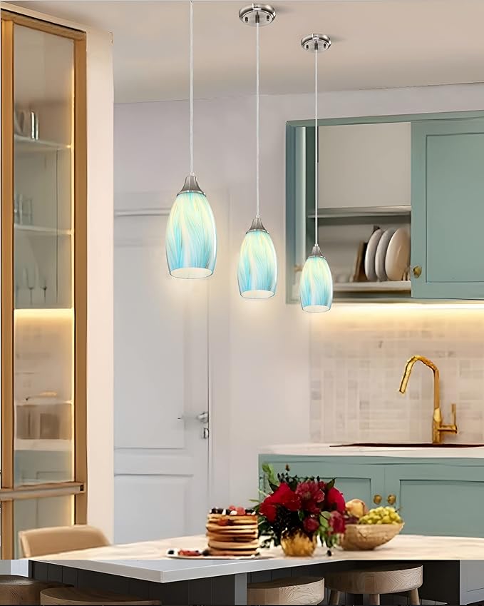 Mini Art Glass Pendant Lights Kitchen Island,Handcrafted Teal with Gold Glass Ceiling Pendant Lighting Brushed Nickel Adjustable Cord Hanging Lamp Cover for Coffe Bar,Dining Room 3pack