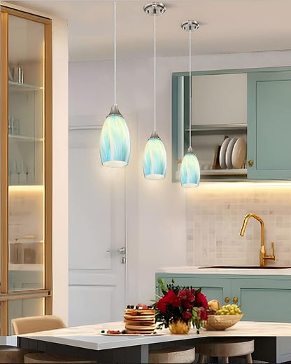 Mini Art Glass Pendant Lights Kitchen Island,Handcrafted Teal with Gold Glass Ceiling Pendant Lighting Brushed Nickel Adjustable Cord Hanging Lamp Cover for Coffe Bar,Dining Room 3pack