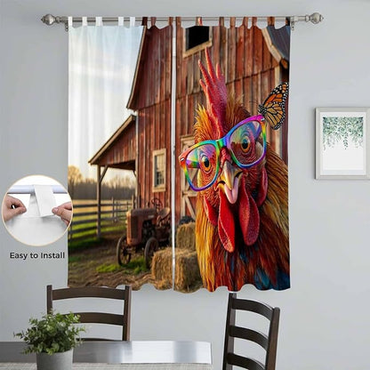 Farm Rooster Living Room Curtains 84 Inch Length, Window Curtains Tab Top, Farmhouse Barn Funny Animals Butterfly Light Filtering Window Treatments Drapes 52"x84" 2 Panel